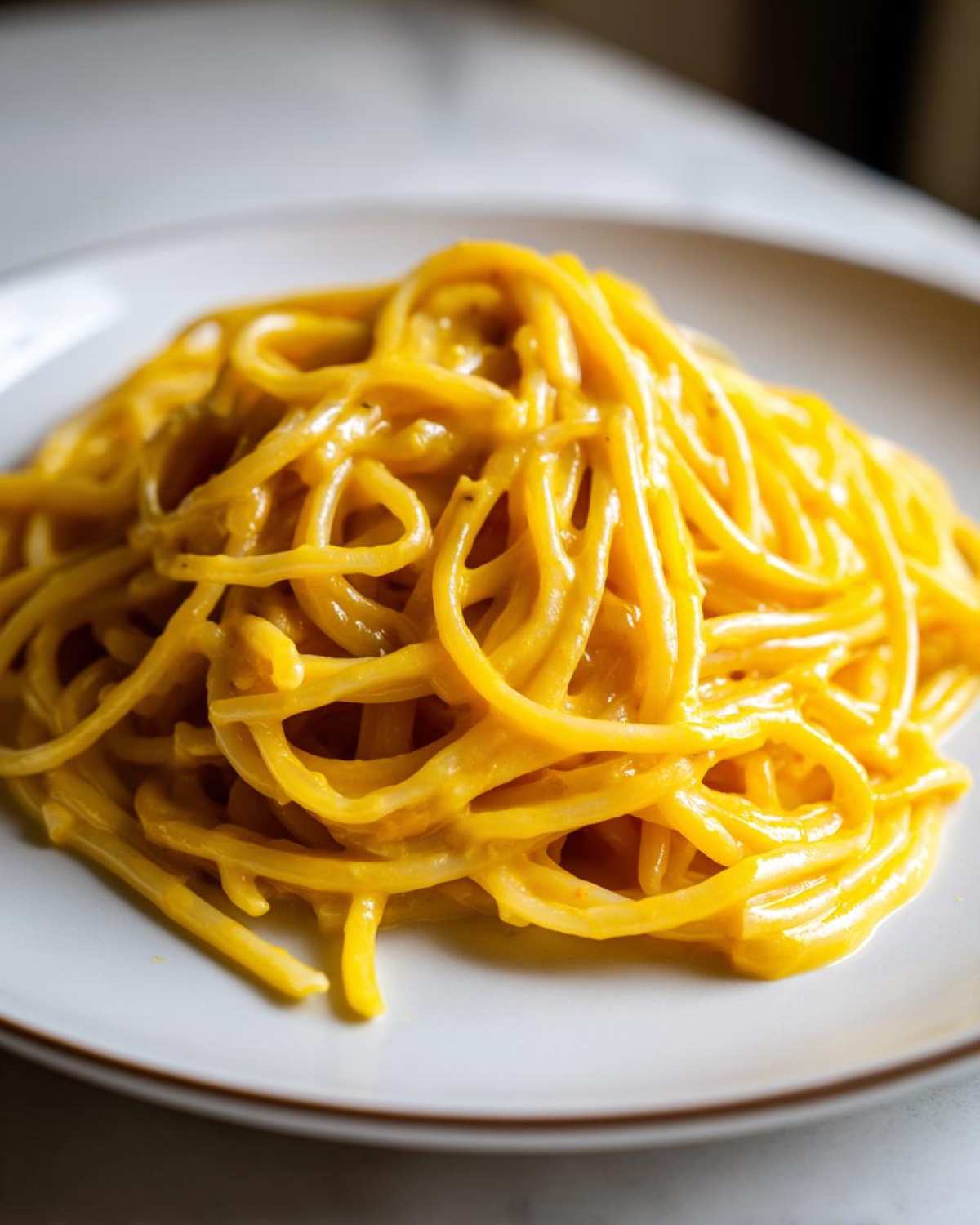 A close-up serving of bright yellow, saucy creamy lemon pasta twirled high on a white plate.