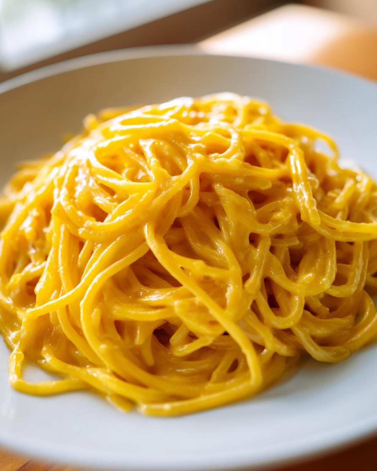 A close-up shot of bright yellow, glossy creamy lemon pasta tossed in sauce, served on a white plate.