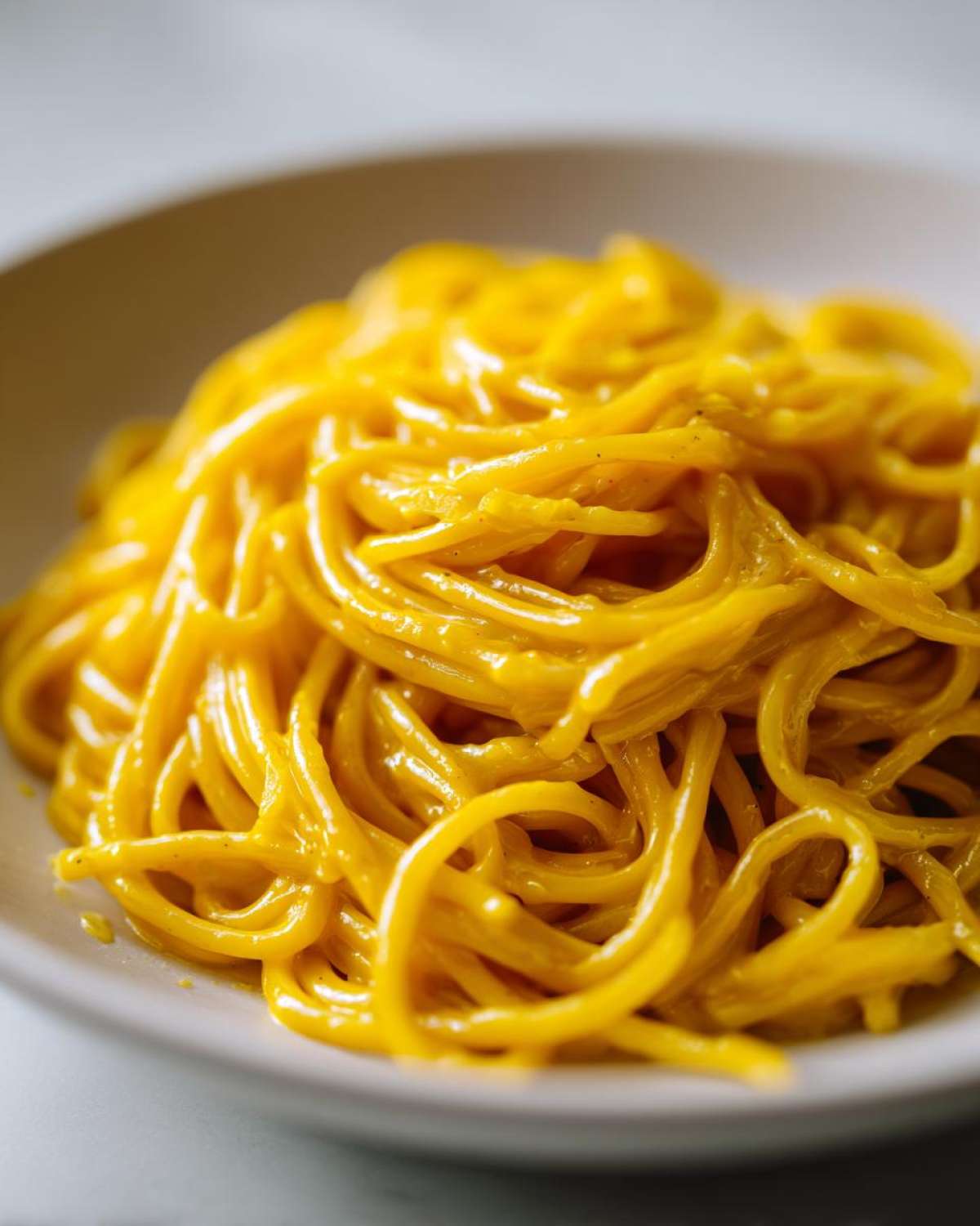Close-up of vibrant, yellow creamy lemon pasta coated in a rich sauce, served in a shallow bowl.