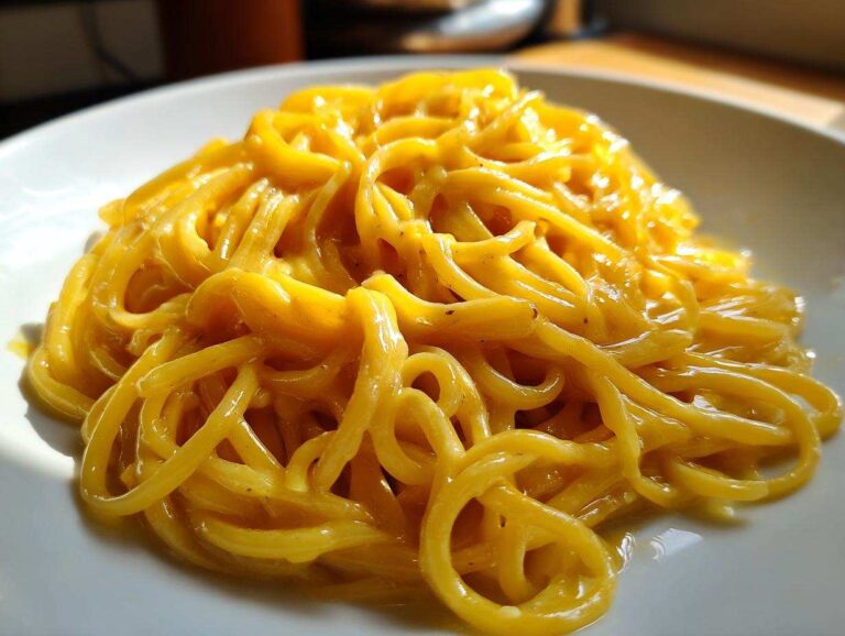 A close-up shot of bright yellow, glossy creamy lemon pasta tossed perfectly on a white plate, ready to eat.