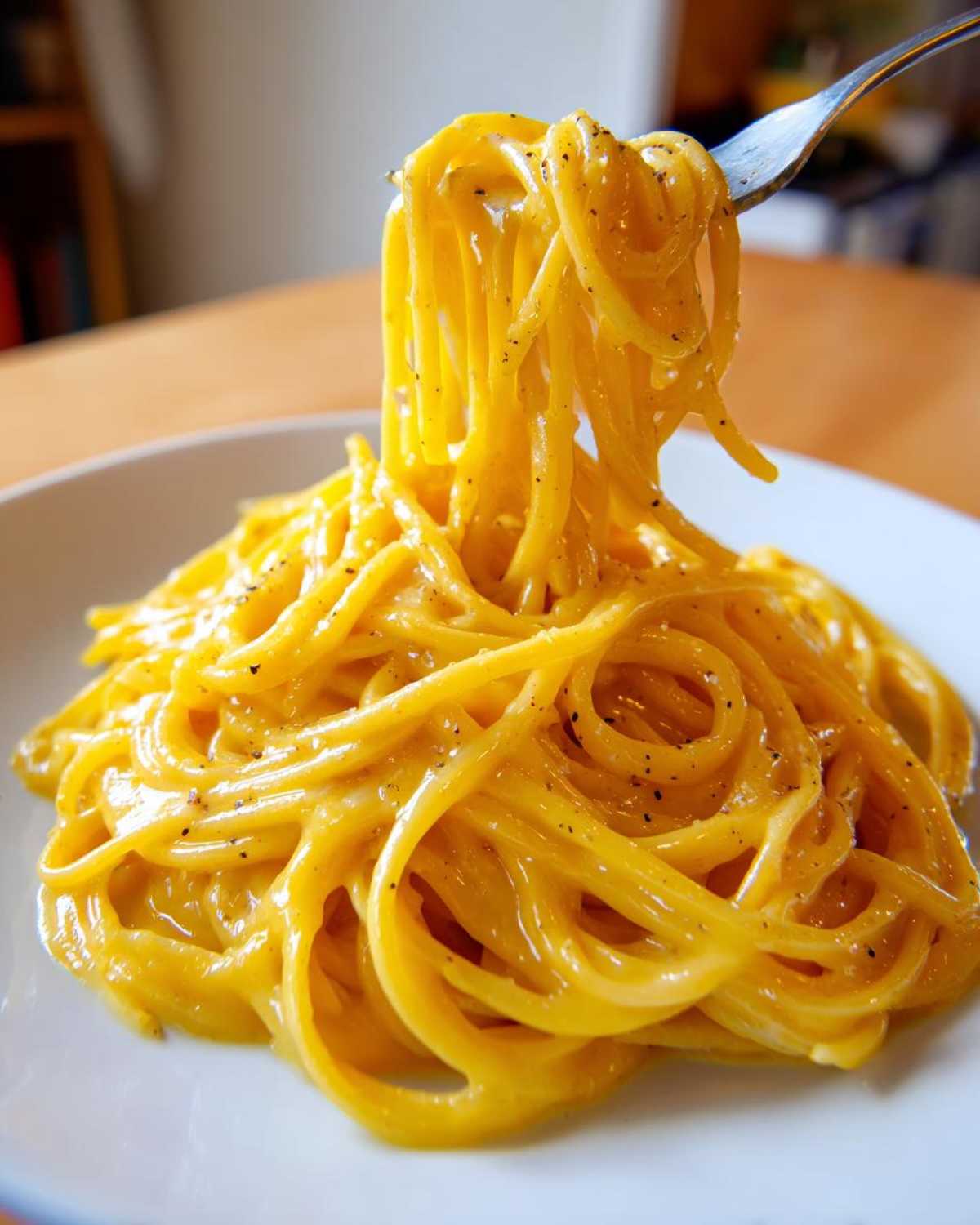 Close-up of spaghetti coated in a rich, yellow creamy lemon pasta sauce being lifted high on a fork.