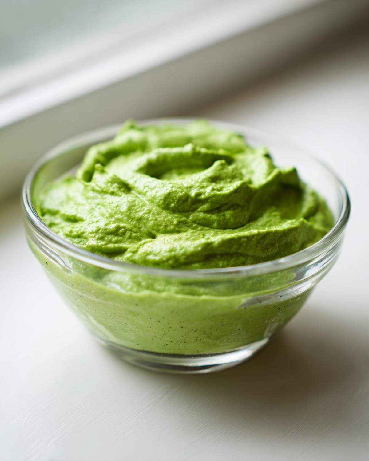Close-up of vibrant green matcha chia pudding with visible specks, served in a small clear glass bowl.