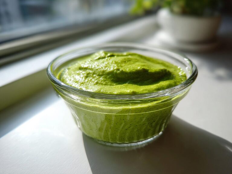 Close-up of creamy, bright green matcha chia pudding served in a small clear glass bowl.