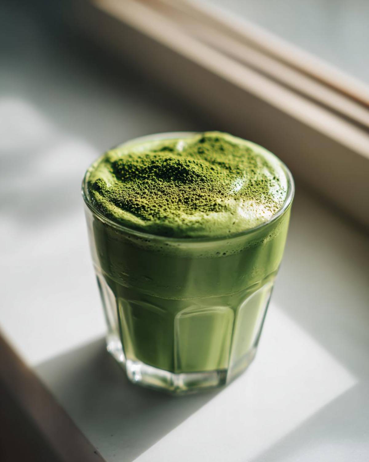 Close-up of creamy matcha chia pudding in a glass, topped with a dusting of bright green matcha powder.