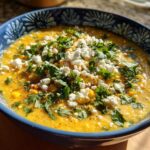 A close-up of creamy, yellow mexican street corn soup topped with crumbled white cheese and fresh cilantro.