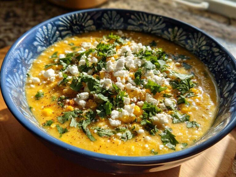 A close-up of creamy, yellow mexican street corn soup topped with crumbled white cheese and fresh cilantro.