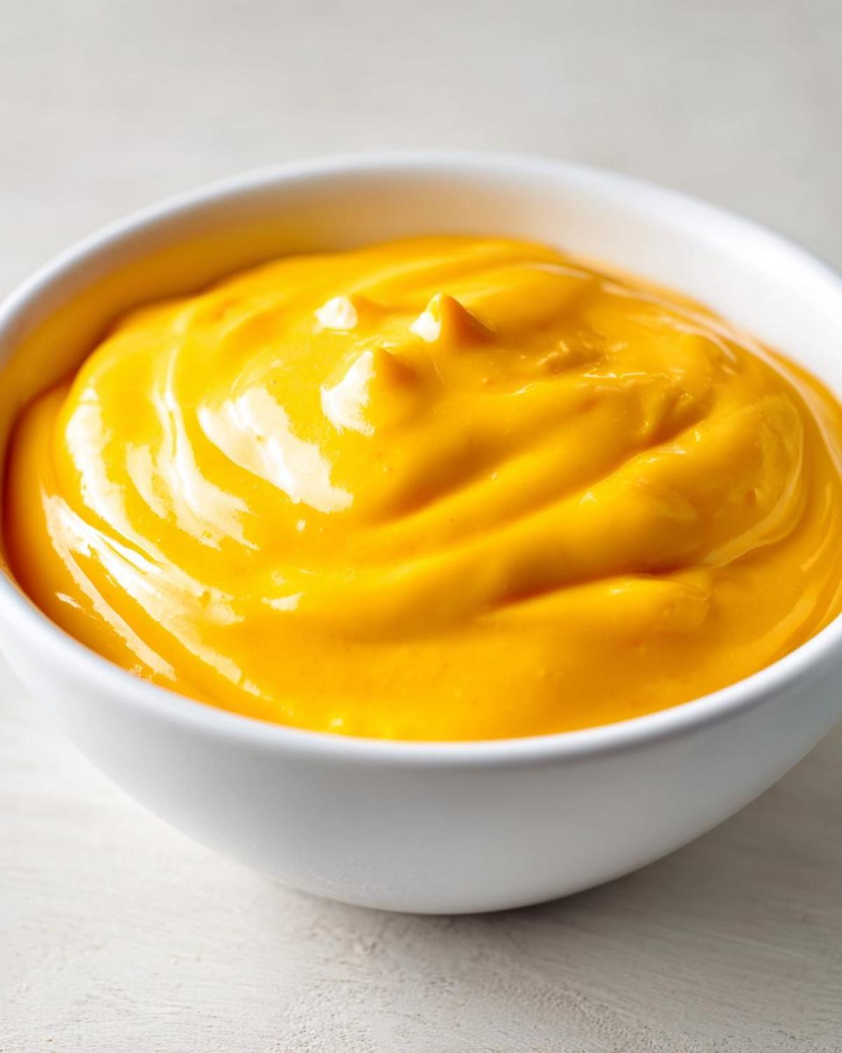 Close-up of a small white bowl filled with vibrant, smooth nacho cheese sauce.