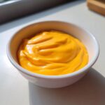 Close-up of a small white bowl filled with vibrant, smooth nacho cheese sauce, glistening under natural light.