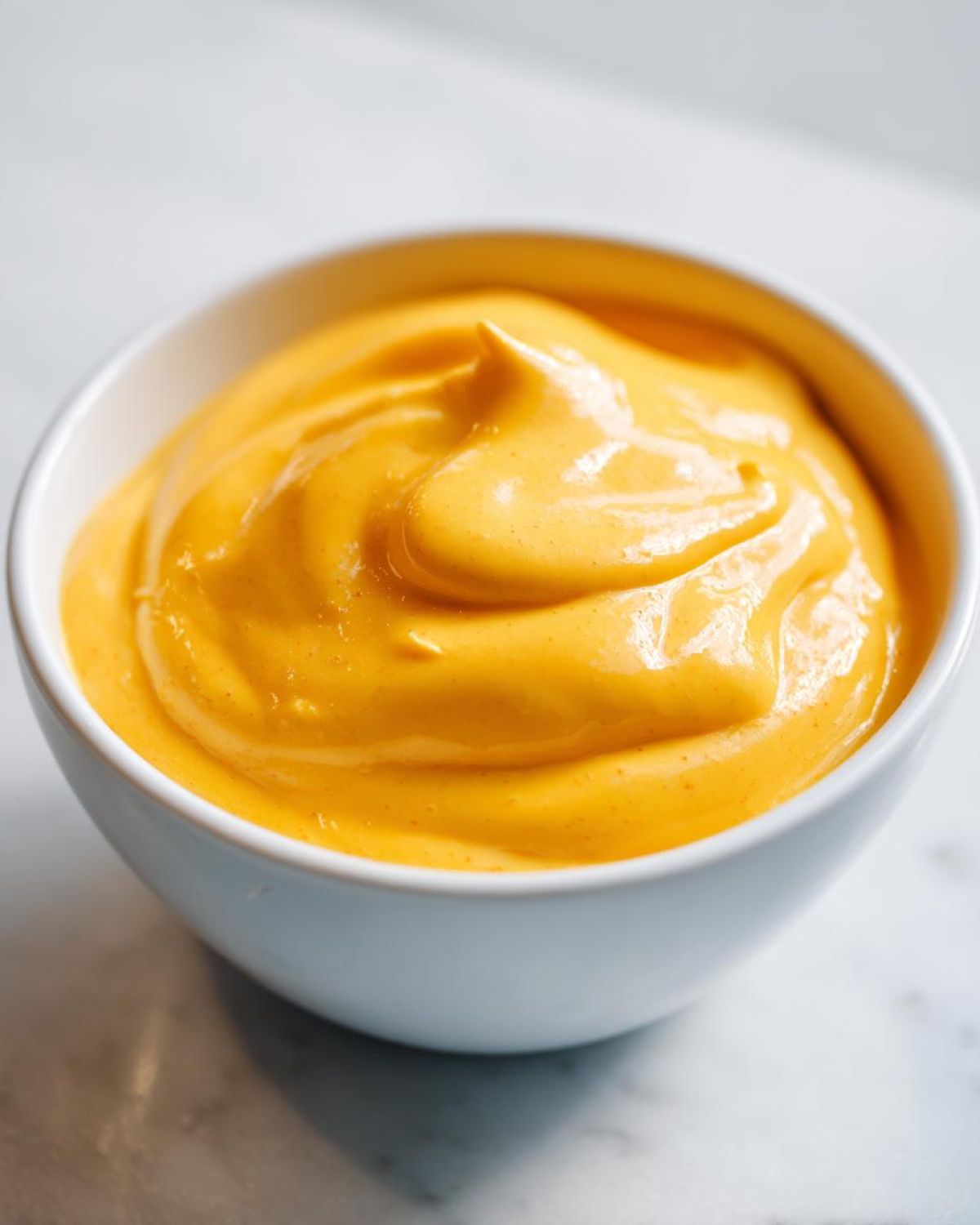 Close-up of thick, vibrant orange nacho cheese sauce swirled in a small white bowl.
