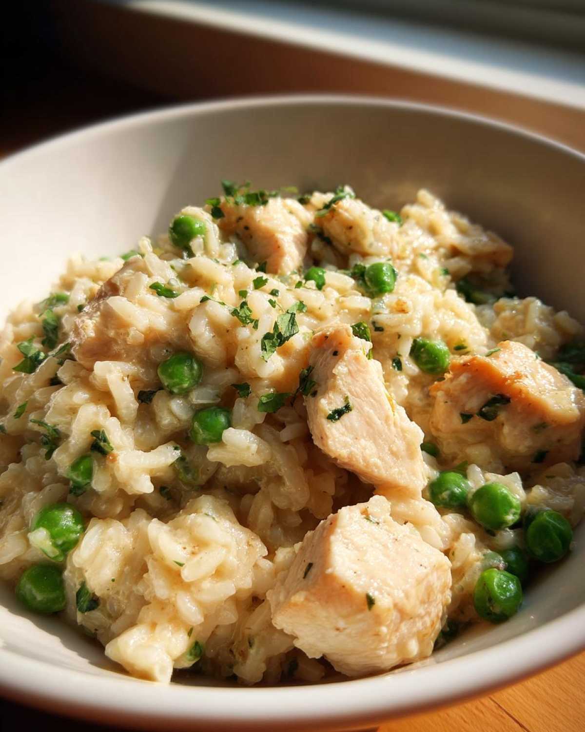 Close-up of creamy one pot chicken and rice with bright green peas and parsley garnish.