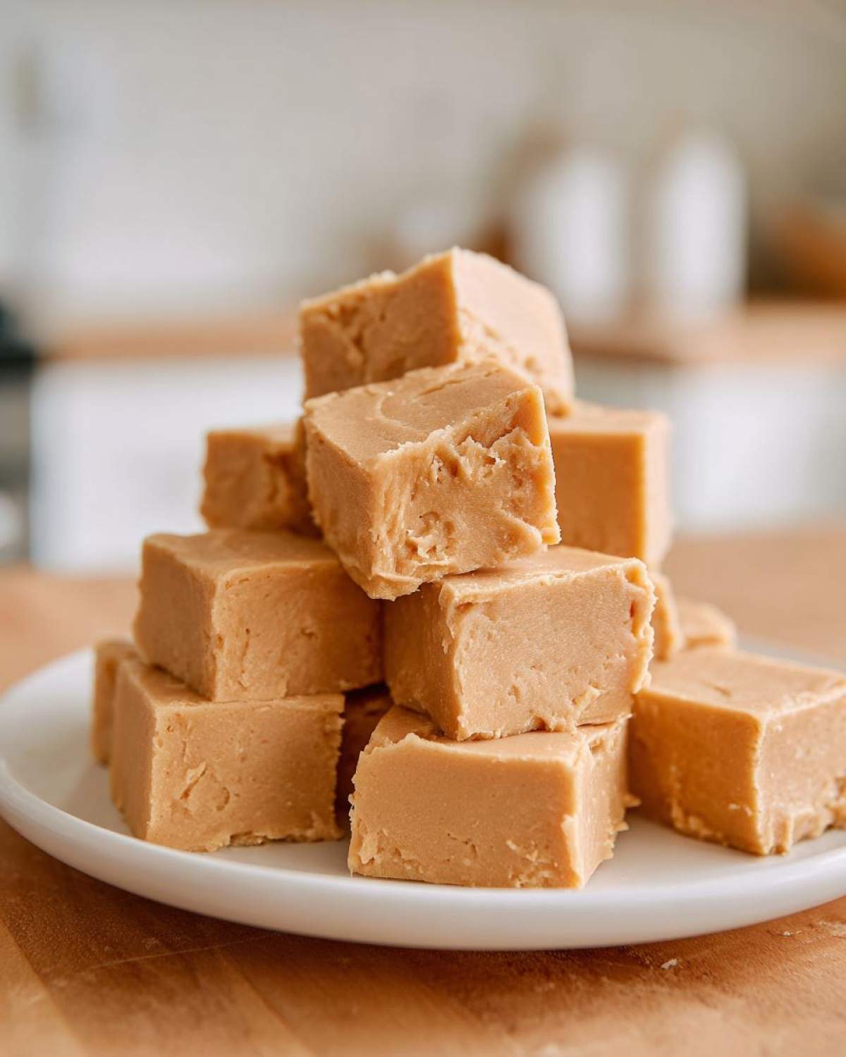 A tempting stack of creamy, light brown peanut butter fudge squares piled high on a white plate.