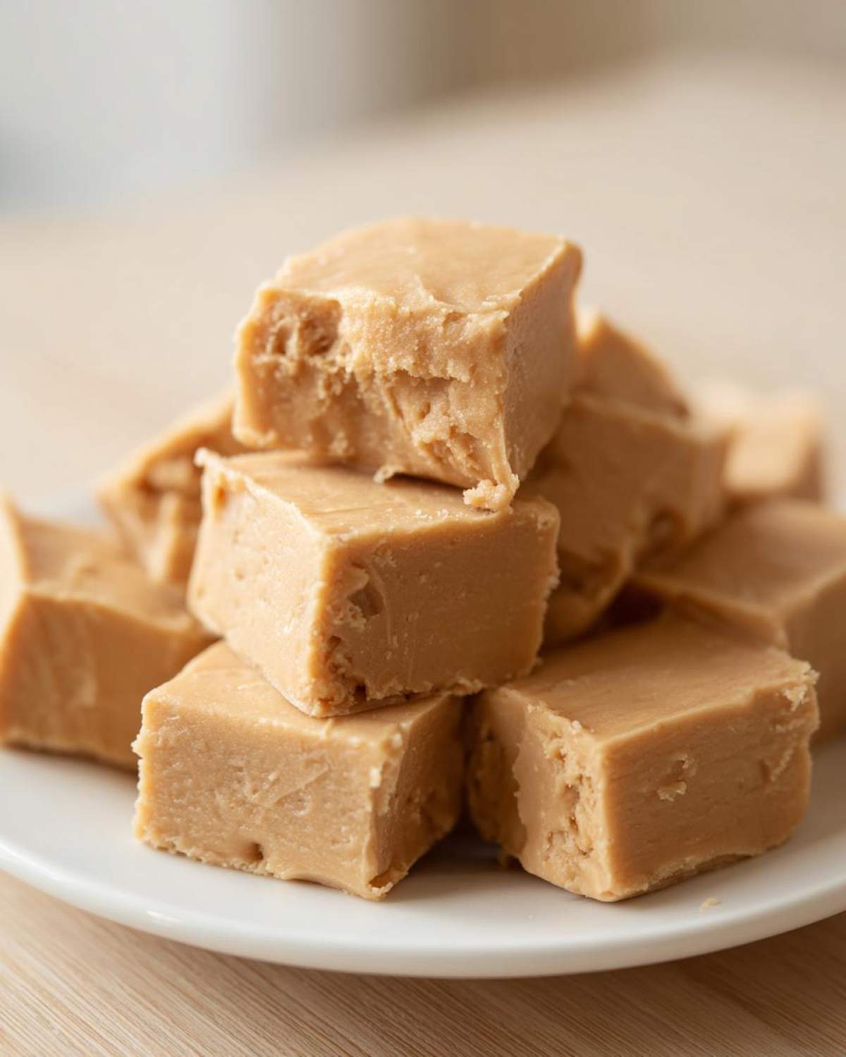 A stack of rich, creamy peanut butter fudge squares piled on a white plate.