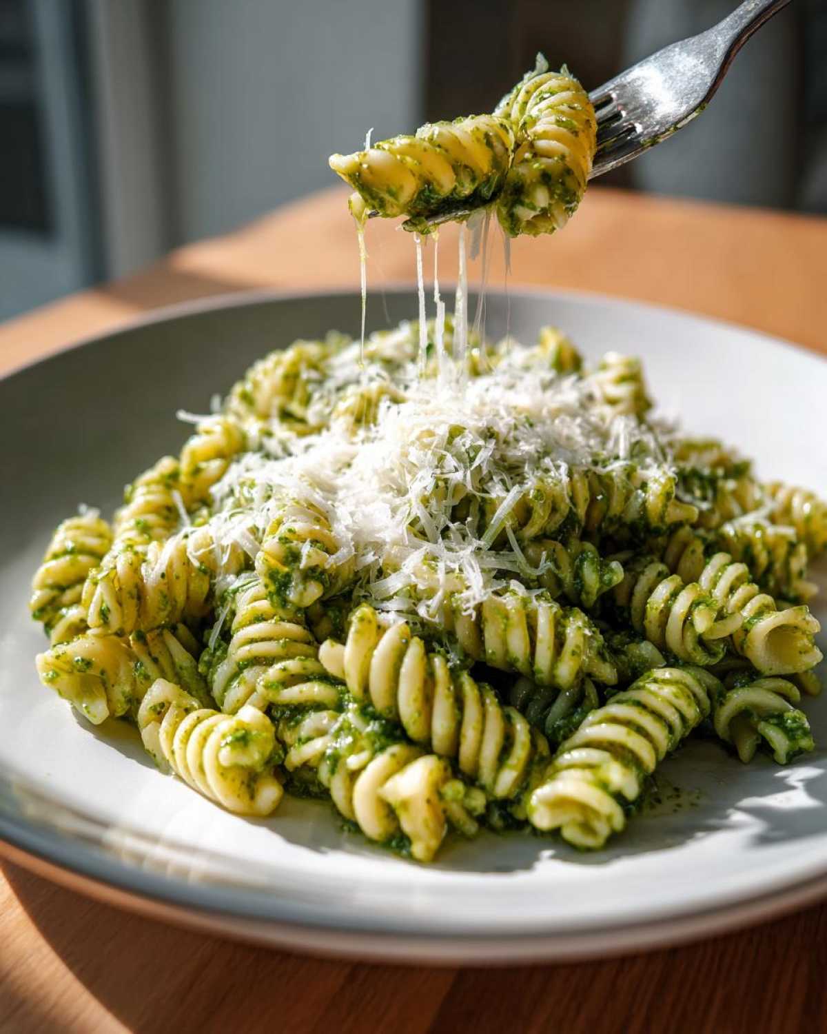 A fork lifting fusilli pesto pasta with a dramatic cheese pull over a plate of creamy pesto pasta.