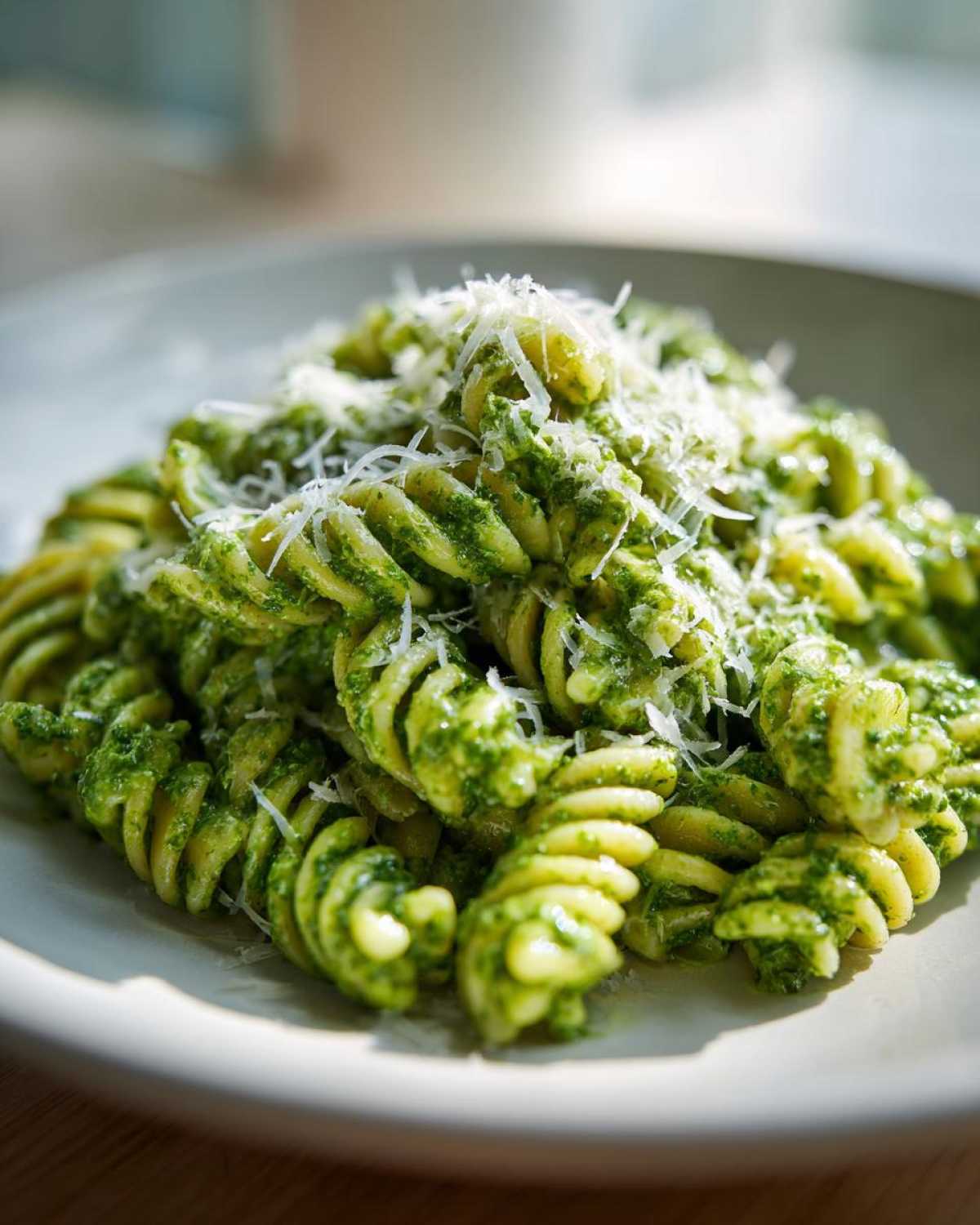 Close-up of creamy pesto pasta made with fusilli, topped generously with grated Parmesan cheese.
