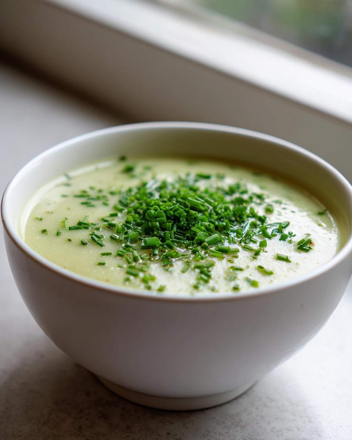 A close-up of a bowl of creamy potato leek soup garnished generously with chopped fresh chives.