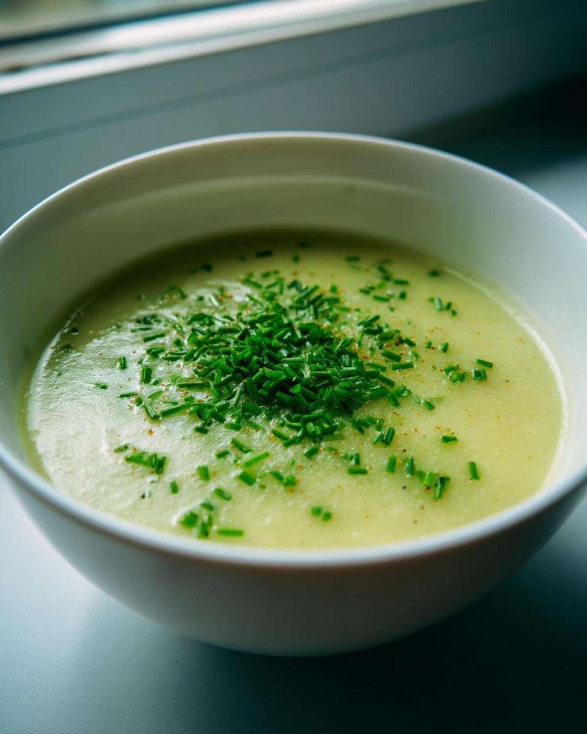 A close-up of creamy potato leek soup in a white bowl, topped generously with fresh chopped chives.