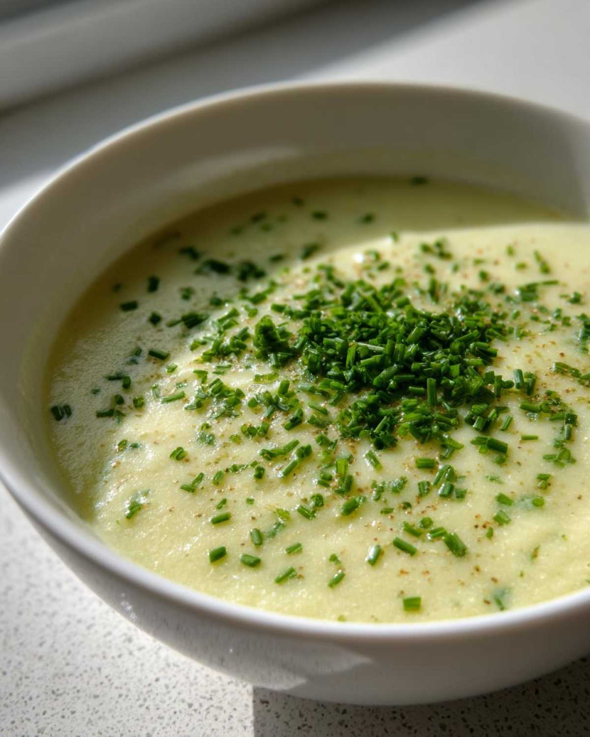 Close-up of a bowl of creamy potato leek soup garnished generously with chopped fresh chives and pepper.