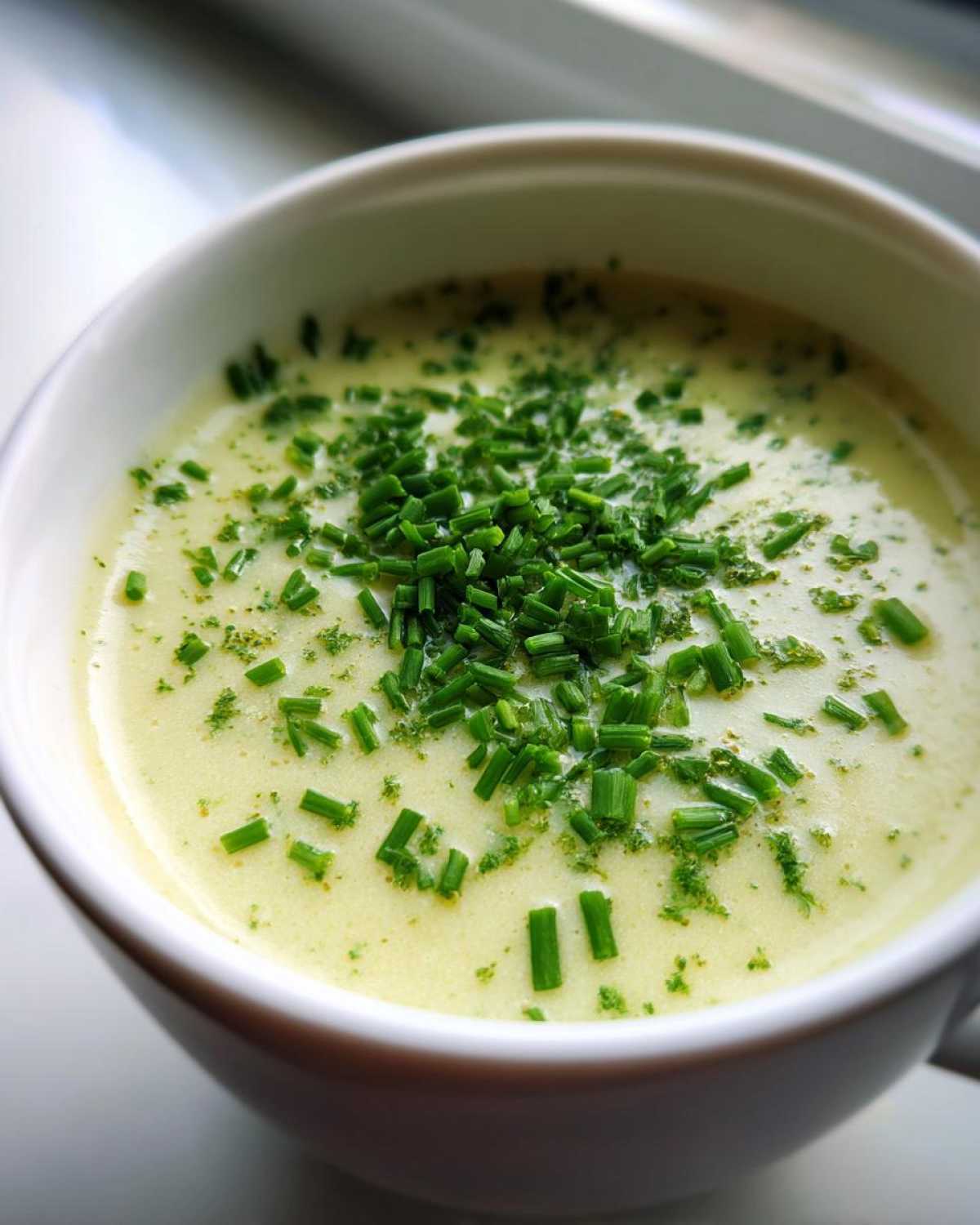 Close-up of creamy potato leek soup in a white bowl, garnished generously with freshly chopped green chives.