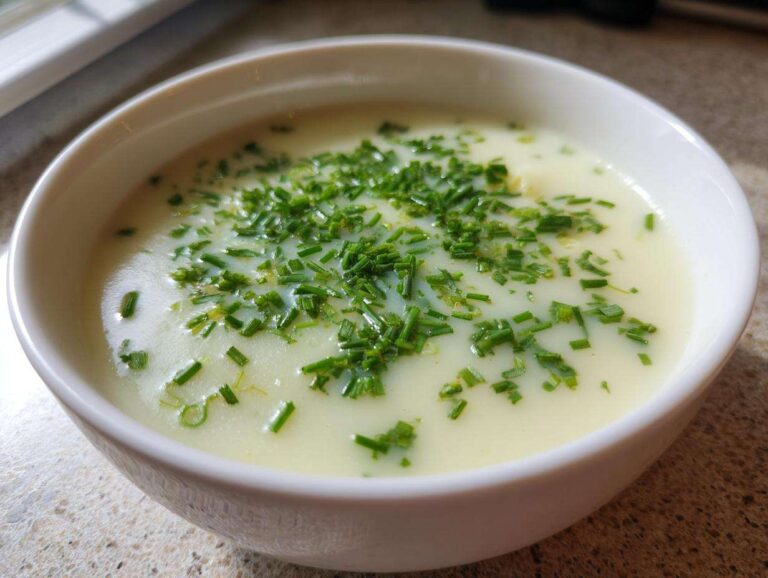 Close-up of a bowl of creamy potato leek soup topped generously with fresh, chopped green chives.