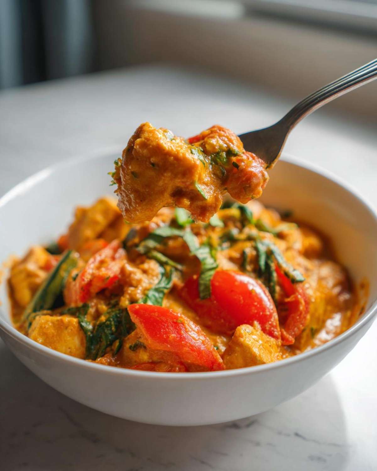 A fork lifting a bite of creamy, orange pumpkin curry with visible chunks of protein and herbs from a white bowl.