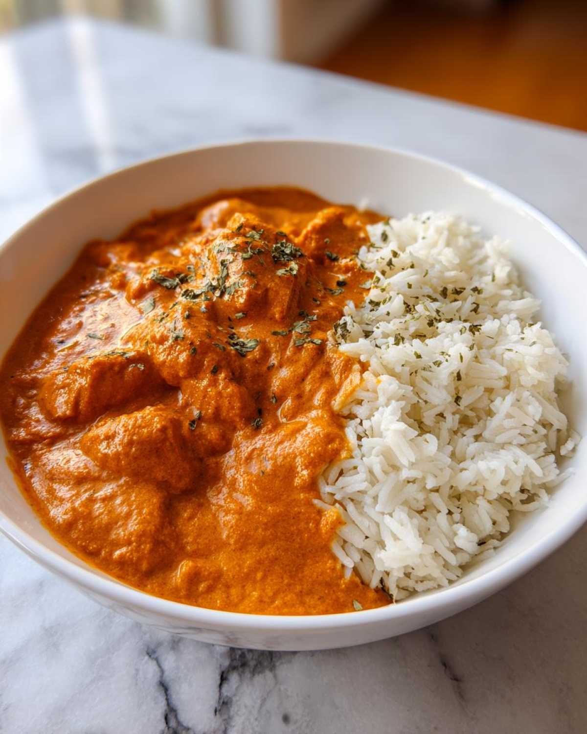 A white bowl filled with rich, orange pumpkin curry next to a mound of fluffy white rice, garnished with herbs.