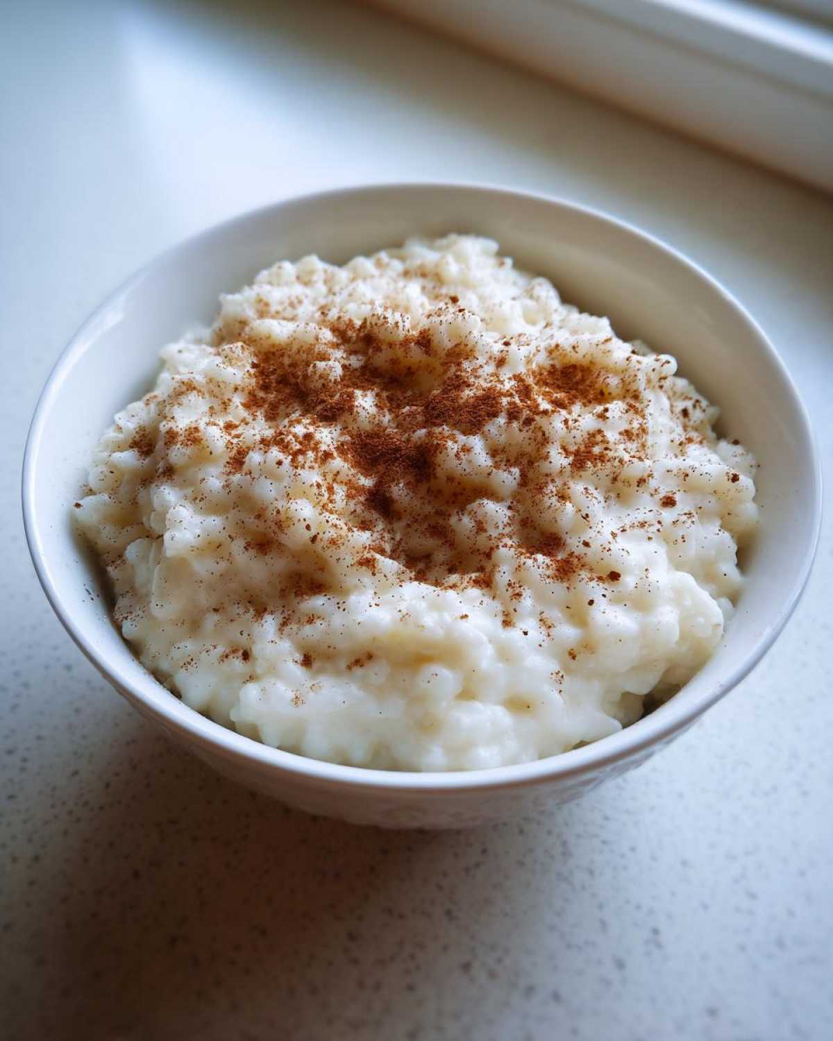 A close-up of creamy rice pudding served in a white bowl, generously dusted with ground cinnamon.
