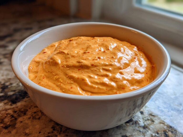 Close-up of a creamy, orange-hued rotel dip speckled with red chili flakes in a white serving bowl.