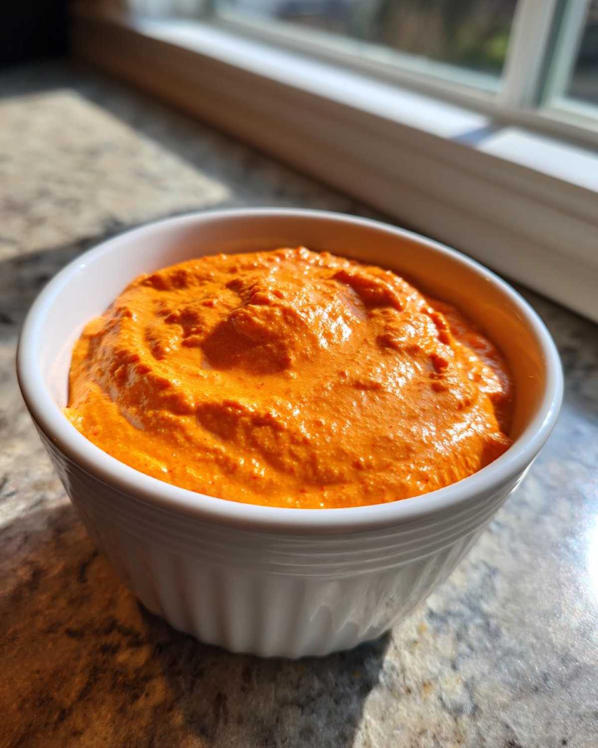 A close-up of creamy, bright orange rotel dip served in a small white fluted bowl, sitting on a granite countertop near a window.