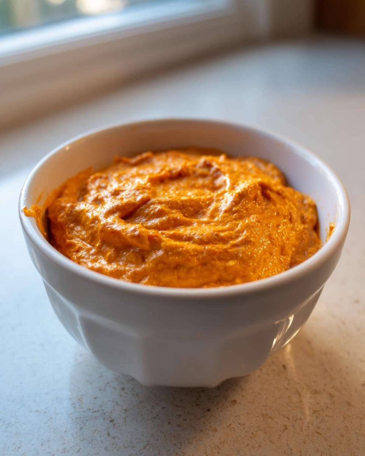 A close-up of creamy, orange-colored rotel dip served in a small white bowl.