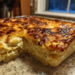Close-up of creamy scalloped potatoes baked in a glass dish with a deeply browned, cheesy crust.