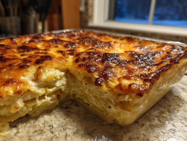 Close-up of creamy scalloped potatoes baked in a glass dish with a deeply browned, cheesy crust.