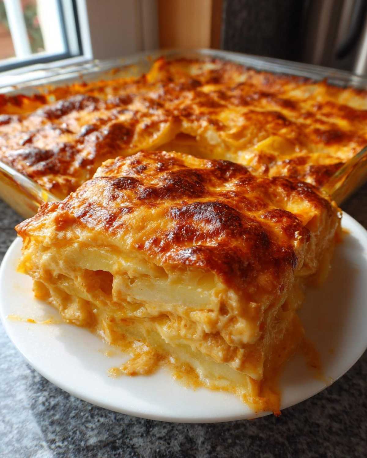 A thick slice of creamy scalloped potatoes with a golden-brown, bubbly cheese crust served on a white plate.