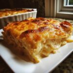 A thick, creamy slice of scalloped potatoes with a beautifully browned and cheesy top, served on a white plate.