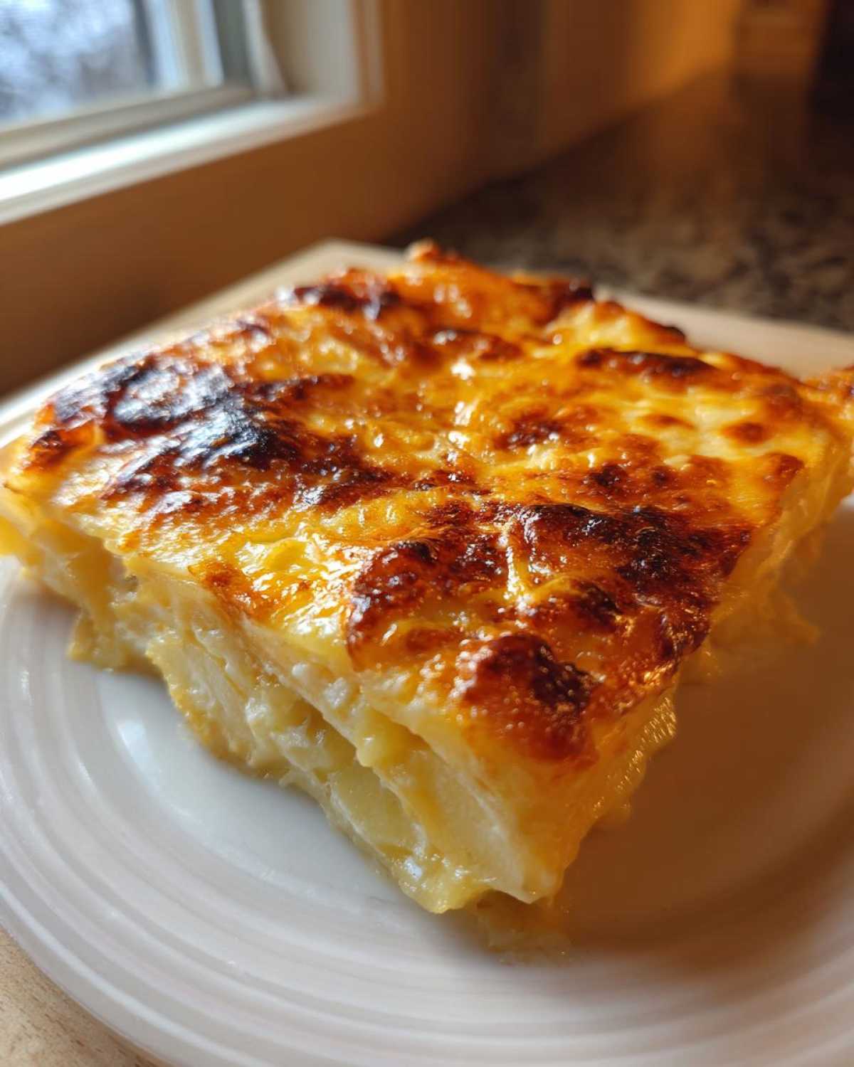 A square slice of creamy scalloped potatoes with a richly browned, cheesy top served on a white plate.