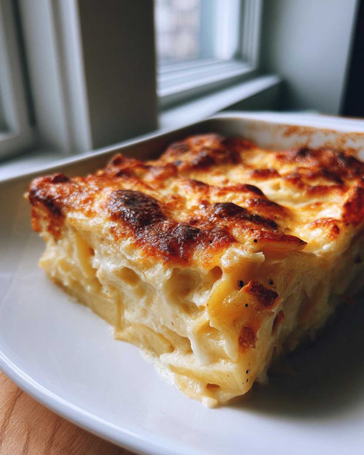 A close-up of a thick, creamy slice of baked scalloped potatoes with a golden-brown, cheesy crust.