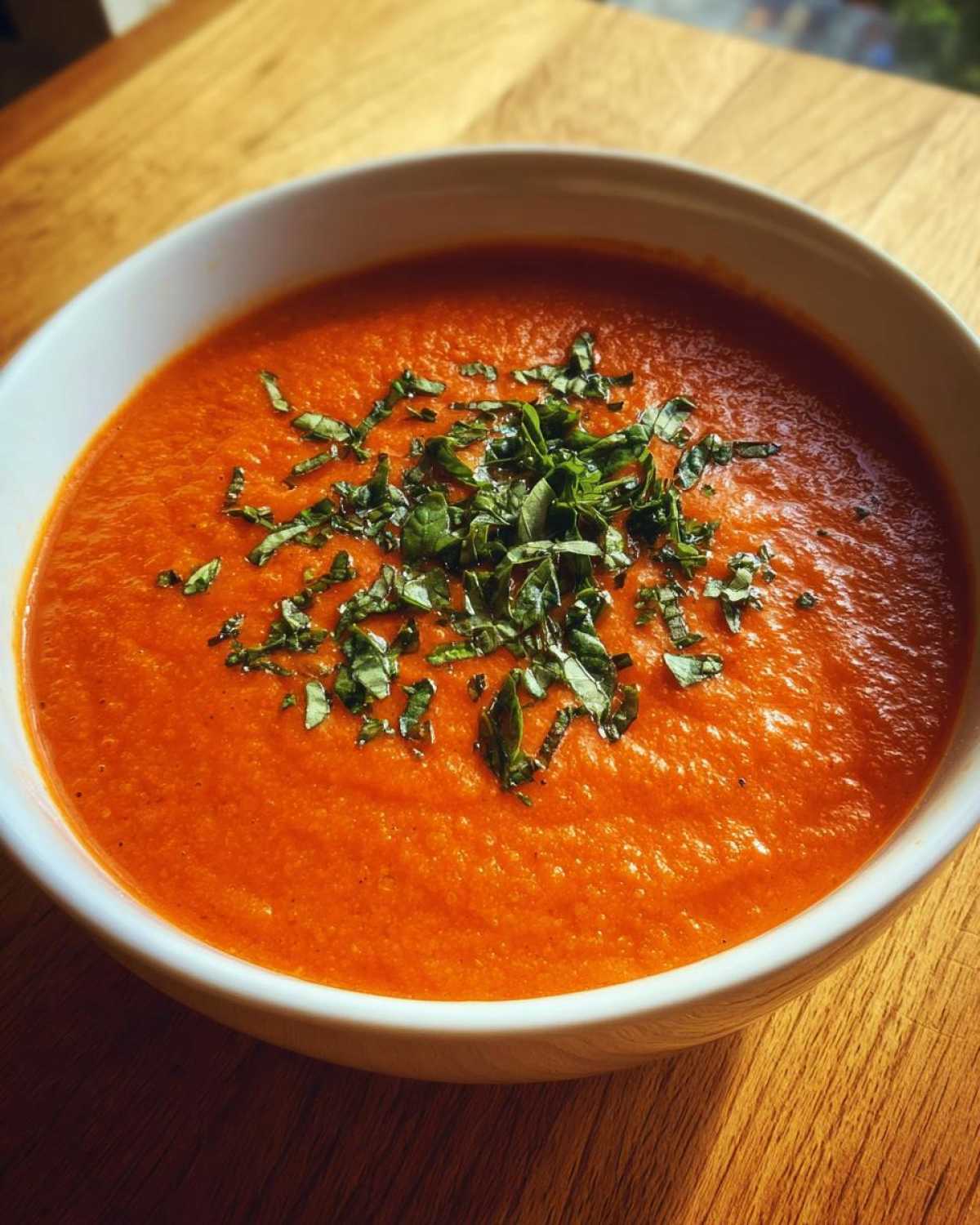 Close-up of a bowl of creamy tomato basil soup garnished with fresh, chopped basil leaves.