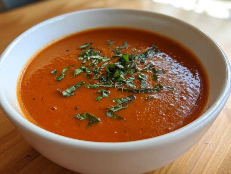 Close-up of a bowl of creamy tomato basil soup garnished with fresh, thinly sliced basil.