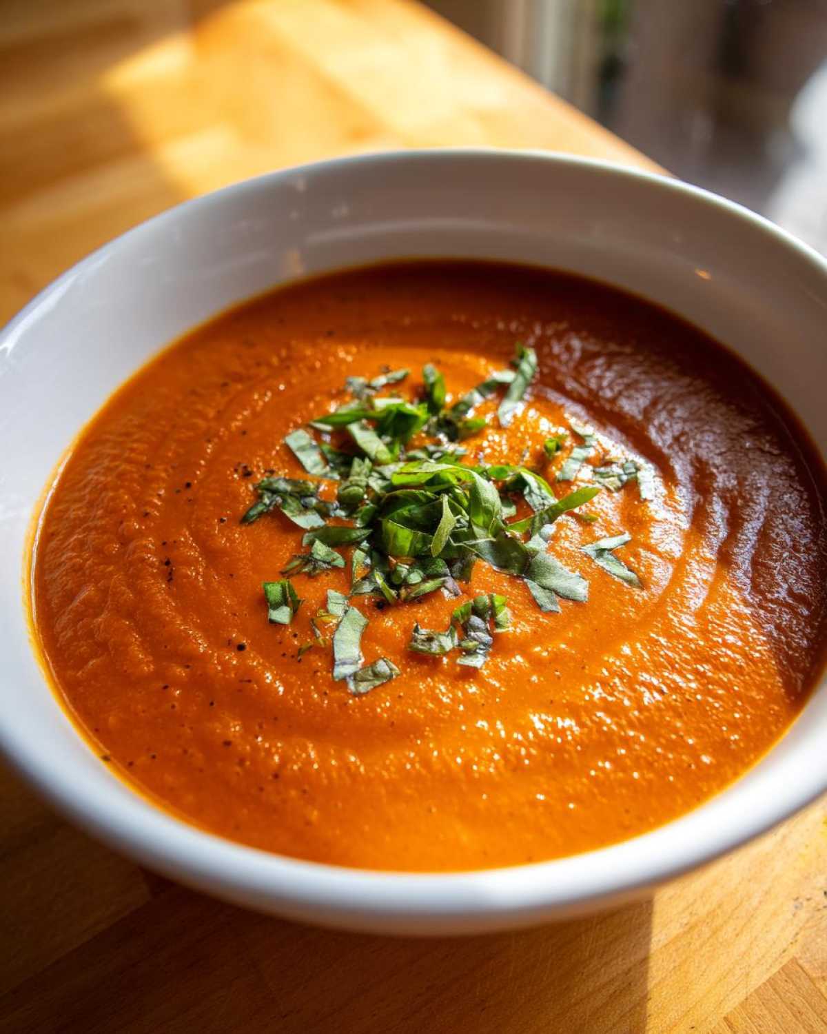 Close-up of a bowl of creamy tomato basil soup topped with fresh, chopped basil.