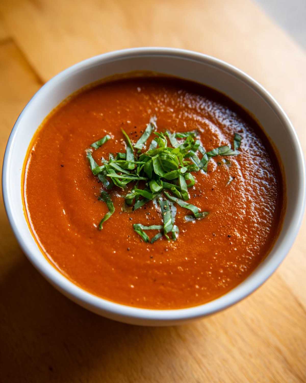 Close-up of a bowl of creamy tomato basil soup, topped with fresh chiffonade basil and cracked black pepper.