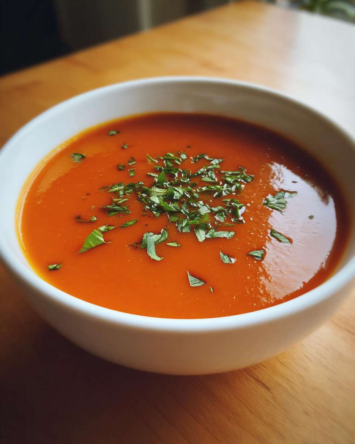 Close-up of rich, creamy tomato basil soup garnished with fresh chopped basil.