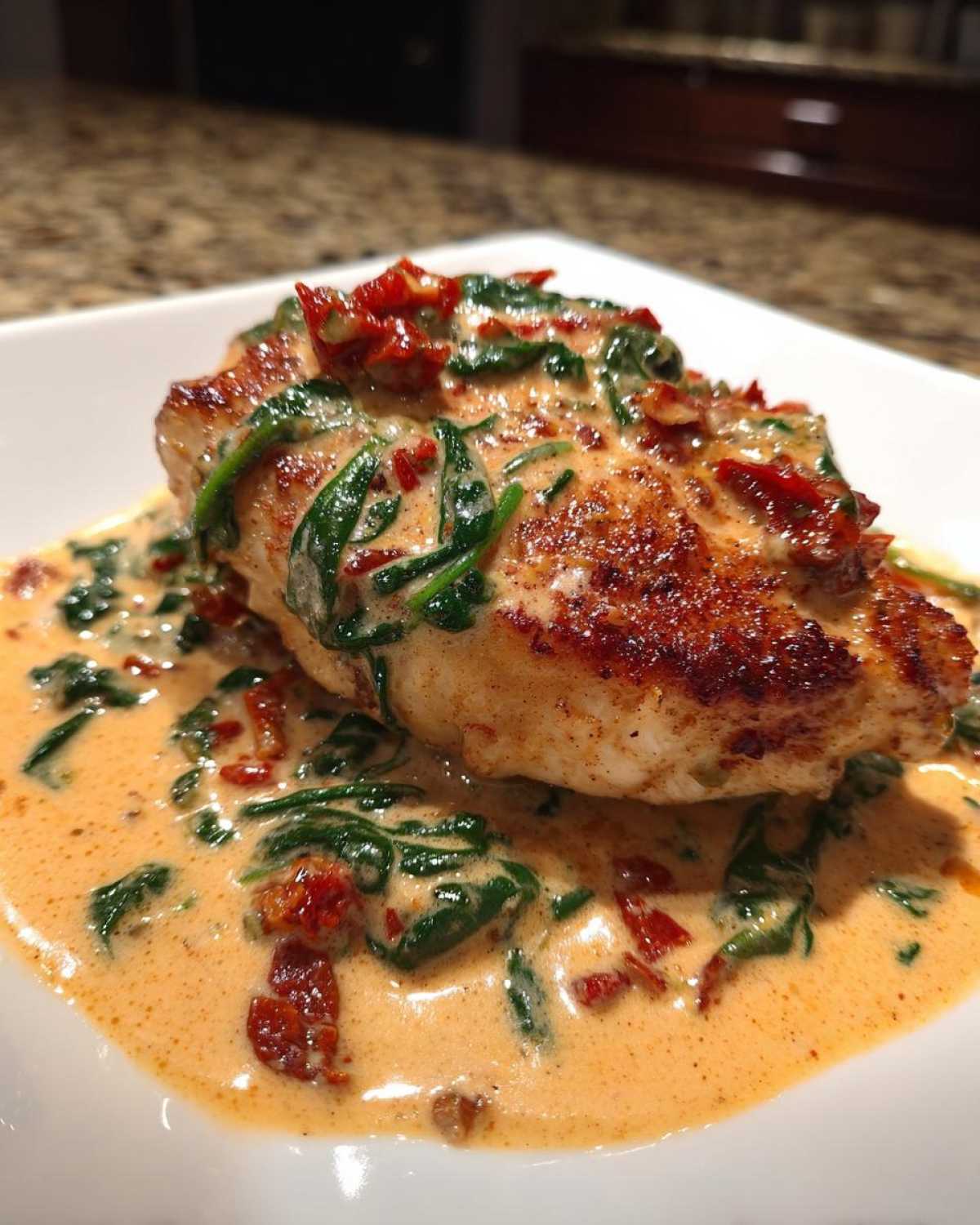A close-up of a seared chicken breast smothered in a rich, creamy Tuscan sauce with spinach and sun-dried tomatoes, part of the creamy tuscan chicken recipe.