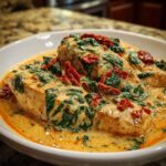 Two pieces of creamy Tuscan chicken smothered in a rich, orange-hued cream sauce with spinach and sun-dried tomatoes.