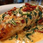 A close-up of a perfectly seared chicken breast smothered in a rich, creamy Tuscan sauce with spinach and sun-dried tomatoes, featuring the creamy tuscan chicken.