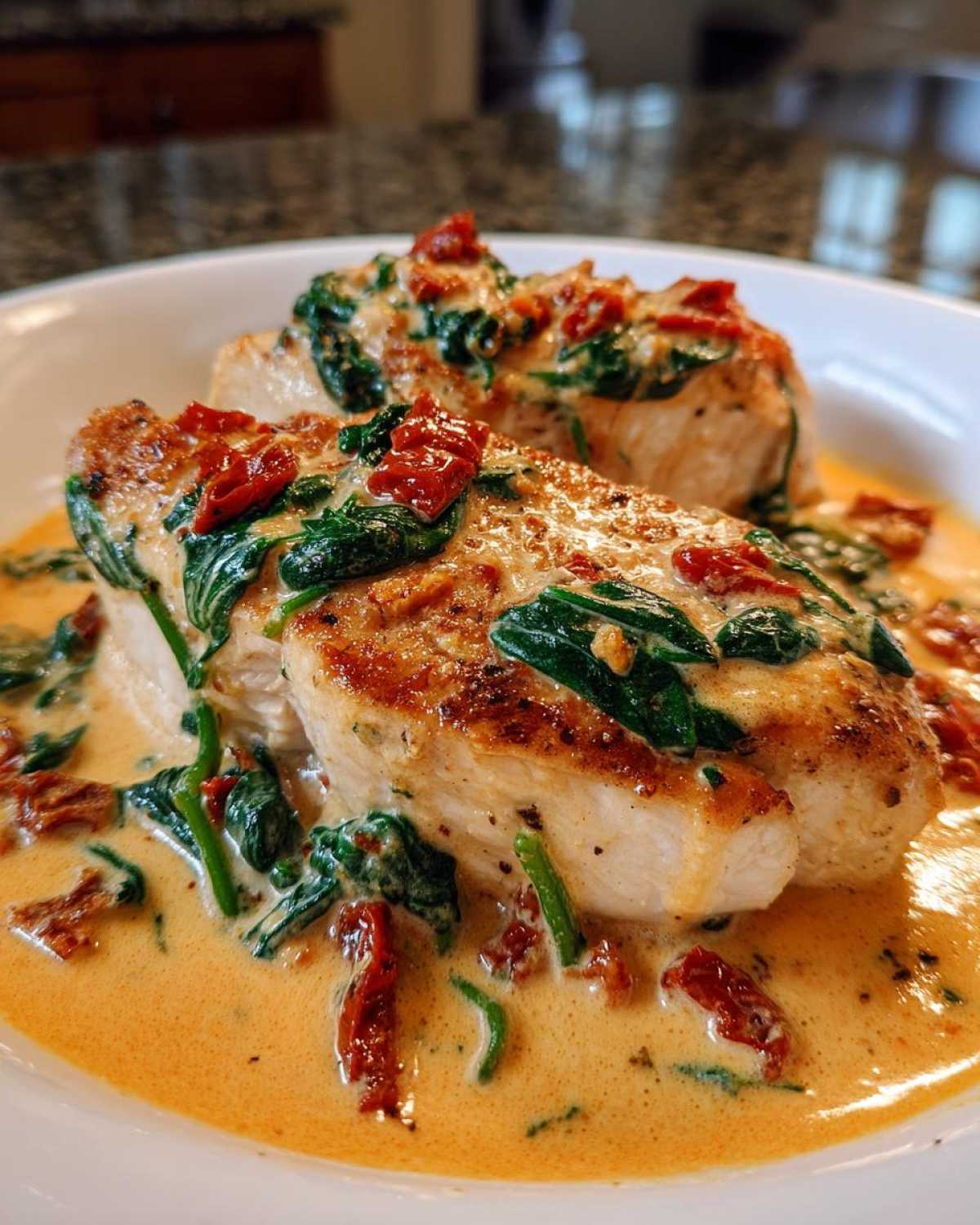 Two seared chicken breasts covered in a rich, creamy sauce with spinach and sun-dried tomatoes, part of the creamy tuscan chicken recipe.