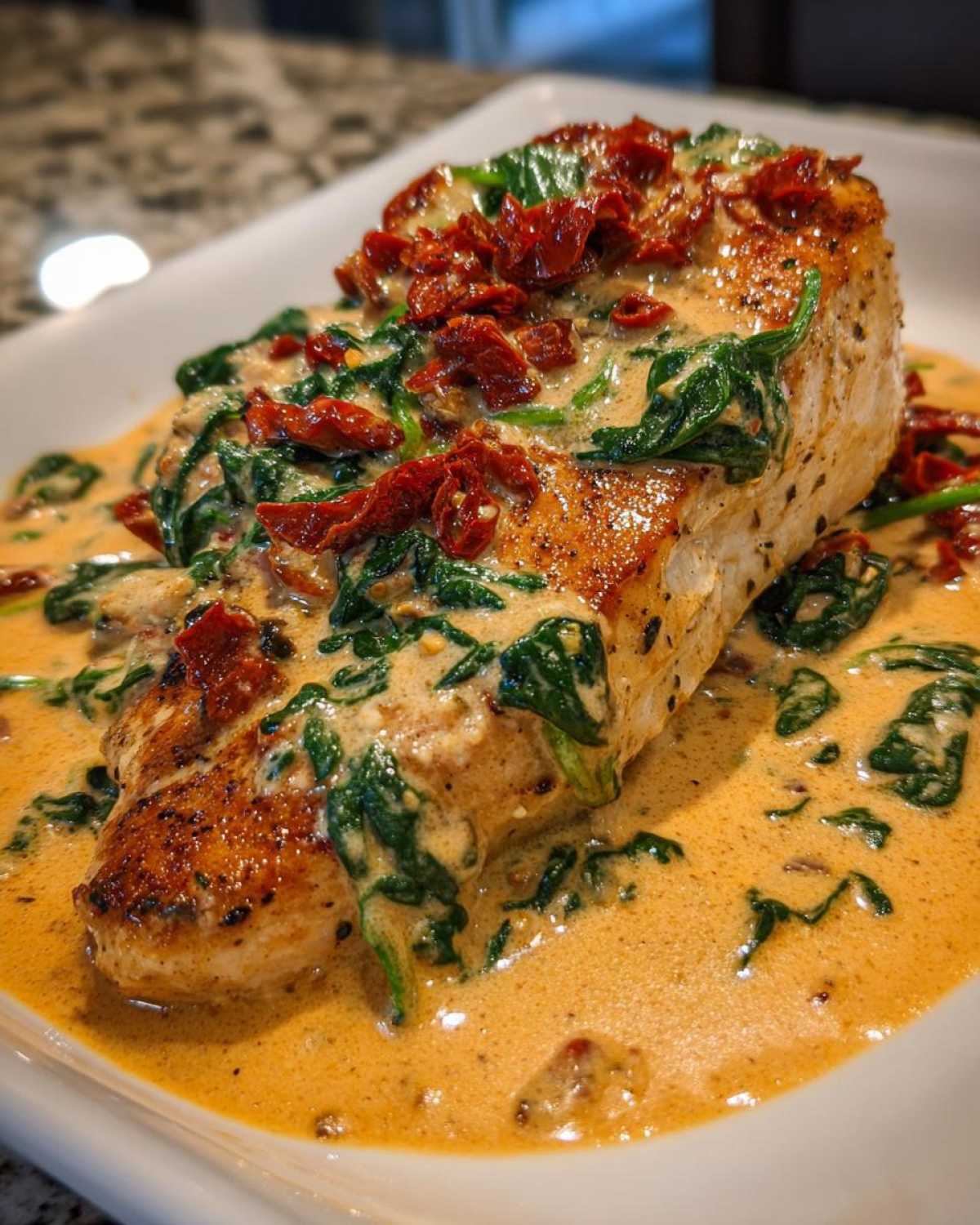A perfectly seared piece of creamy Tuscan chicken smothered in a rich, orange-hued cream sauce with spinach and sun-dried tomatoes.