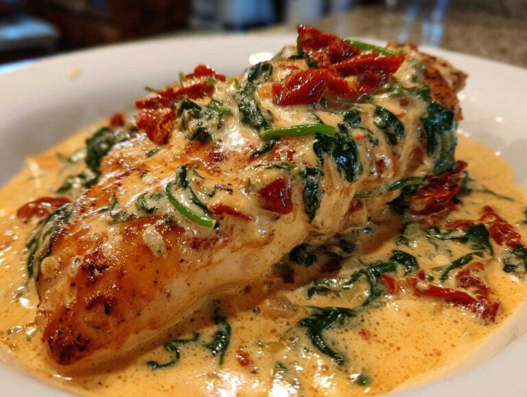 A close-up of a perfectly seared chicken breast smothered in a rich, creamy Tuscan sauce with spinach and sun-dried tomatoes, featuring the creamy tuscan chicken.