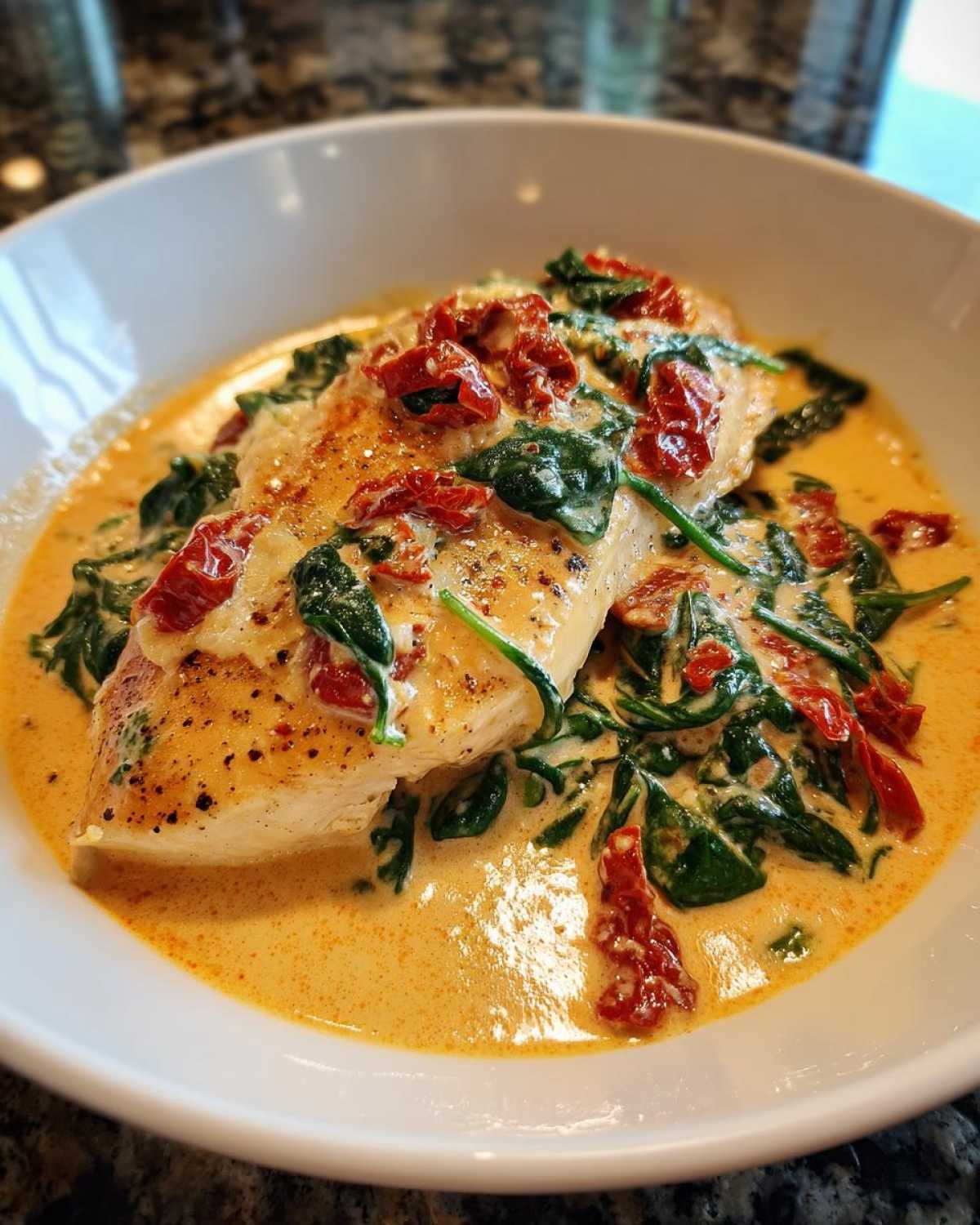 A close-up of creamy Tuscan chicken breast topped with spinach and sun-dried tomatoes in a rich sauce.