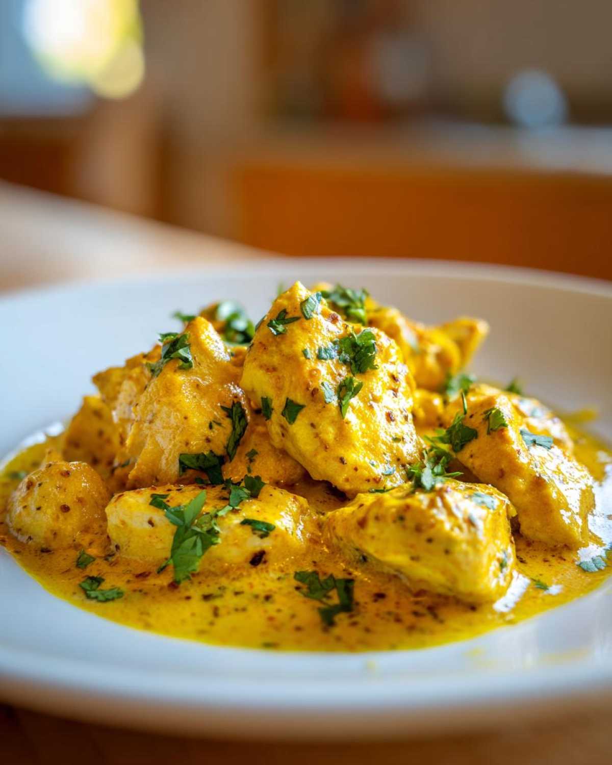 Close-up of tender pieces of coconut chicken coated in a rich, yellow, creamy sauce and garnished with fresh parsley.