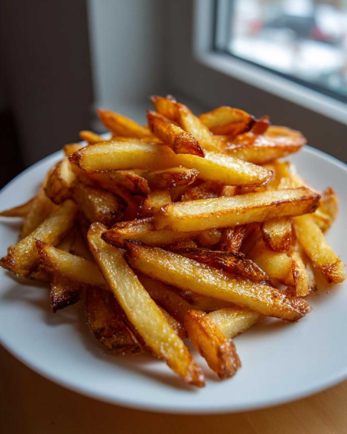 Close-up of a mound of golden, crispy air fryer french fries sprinkled with salt on a white plate.