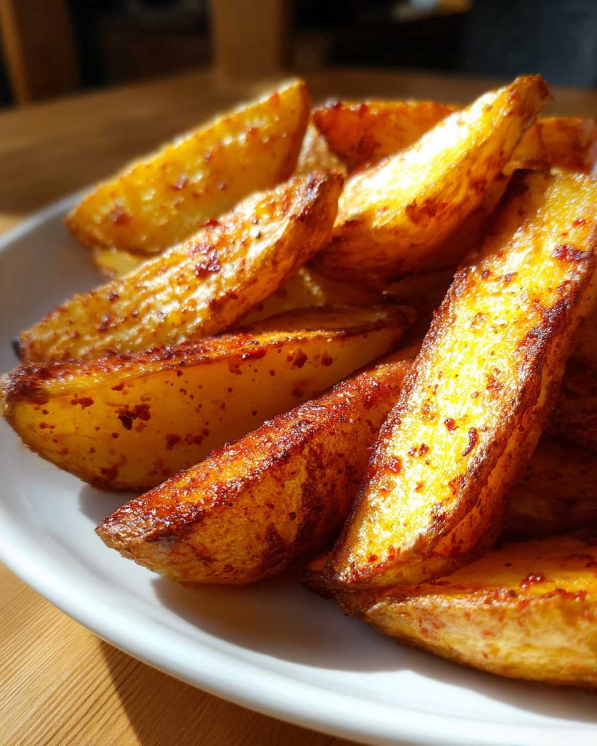 Close-up of golden, crispy air fryer potato wedges seasoned with paprika on a white plate.